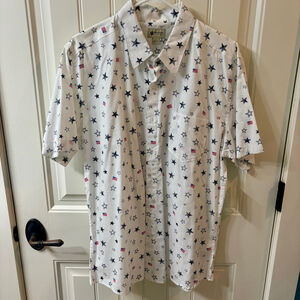 Haggar L White Blue Star American Flag Casual Button Down Shirt Sz L NWT USA